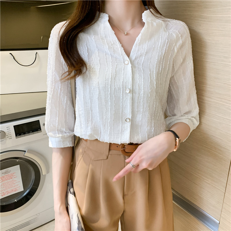 韓系肌理感V領短袖襯衫(2色)