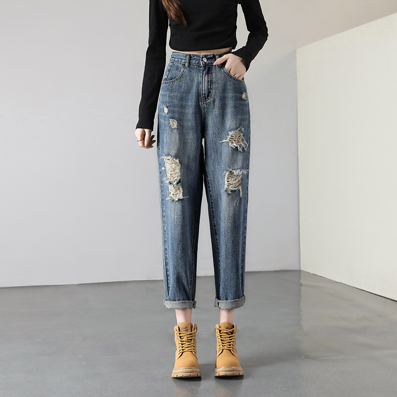 韓系漸層破洞九分牛仔褲