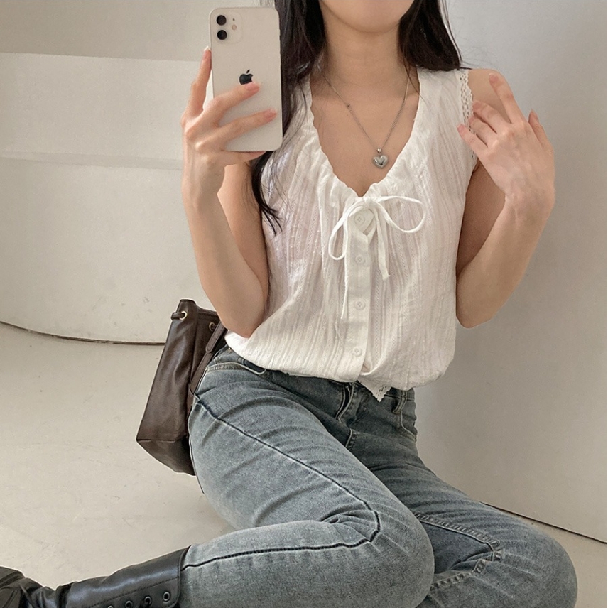 別緻設計感小眾繫帶顯瘦無袖襯衫(2色)