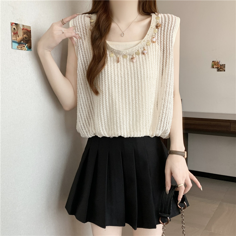 時尚百搭鏤空假兩件無袖坎肩(2色)