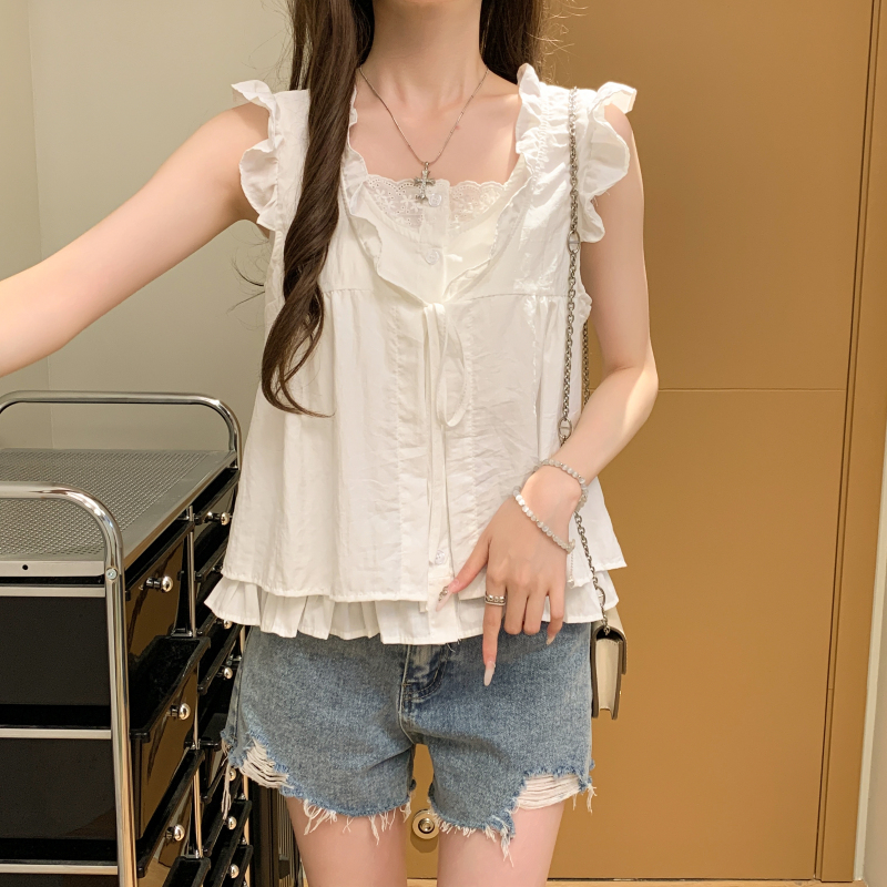 韓系格子木耳邊無袖假兩件襯衫(5色)