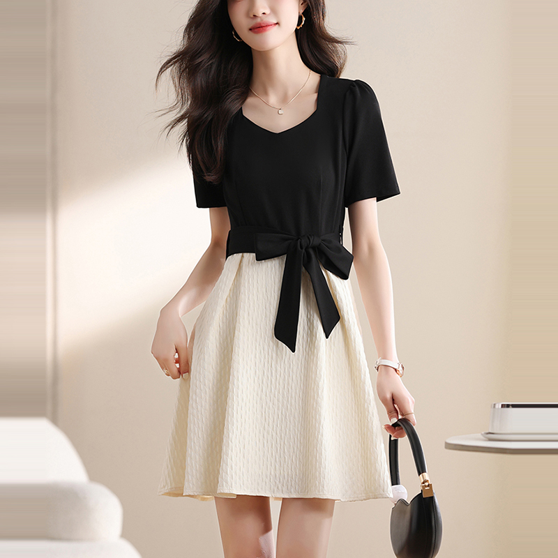 法式茶歇方領假兩件拼接連身裙