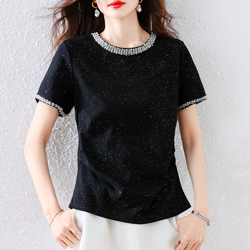 高級感圓領滿天星鑲鑽短袖T恤
