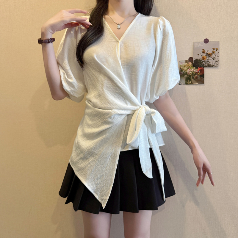 韓係不規則綁帶V領短袖小衫(2色)