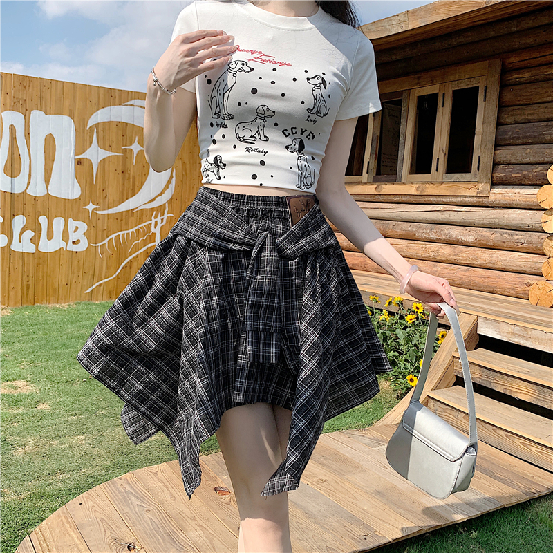 假兩件綁帶格紋不規則短裙