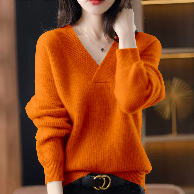 復古寬鬆純色V領針織抽條毛衣(10色)