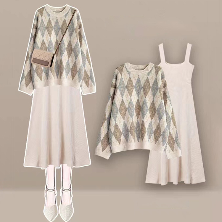 日系復古菱形針織毛衣杏色吊帶裙兩件套
