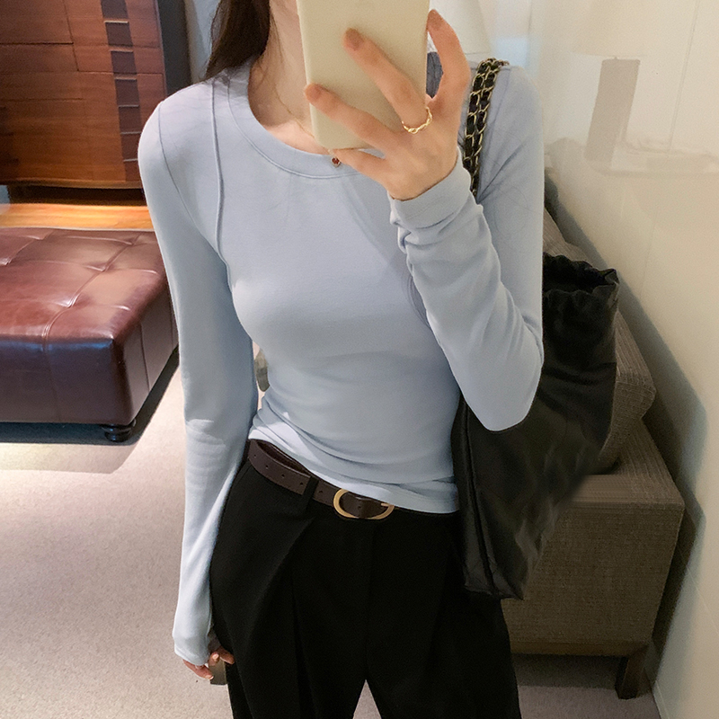 修身圓領拼接長袖T恤(6色)