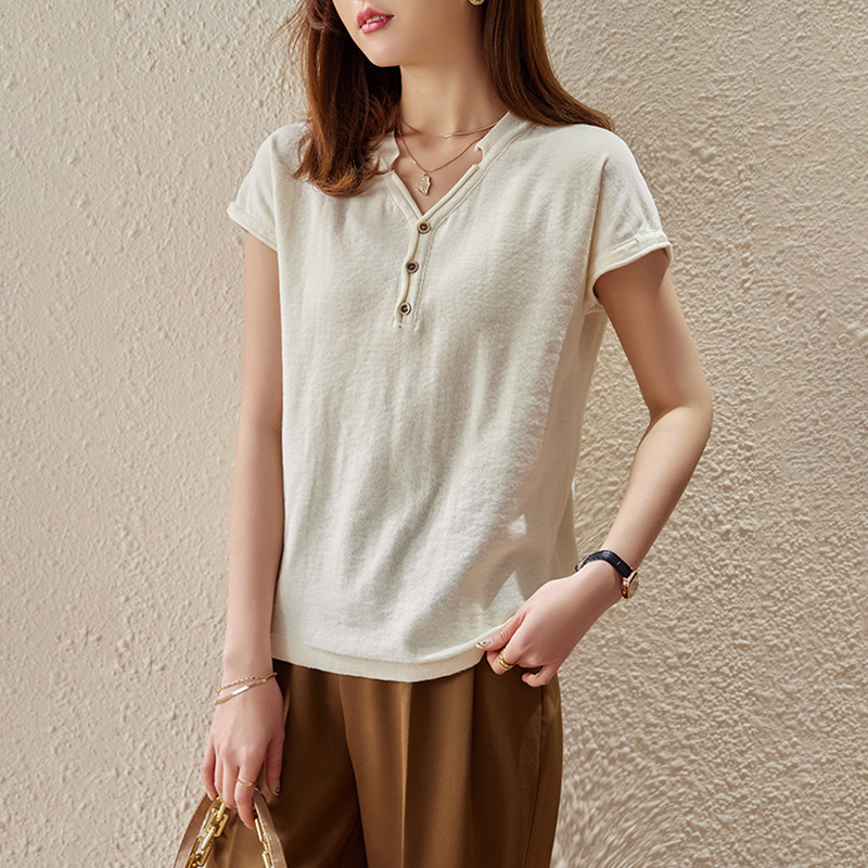 韓系V領簡約搭針織短袖T恤(9色)