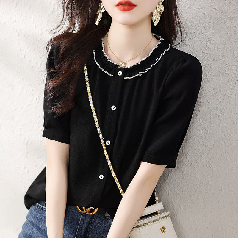 拼色花邊領設計氣質通勤襯衫(2色)