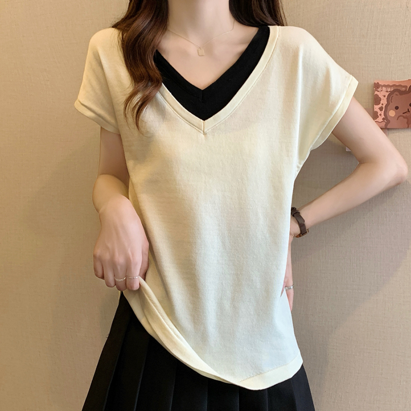 時尚假兩件V領針織短袖T恤(2色)