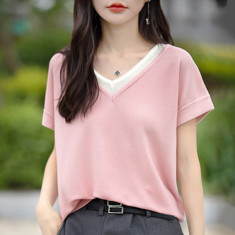 韓系假兩件V領寬鬆休閒拼色T恤(4色)