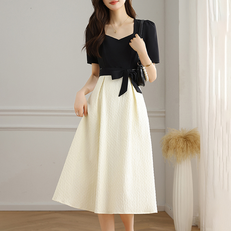 法式茶歇方領假兩件拼接連身裙