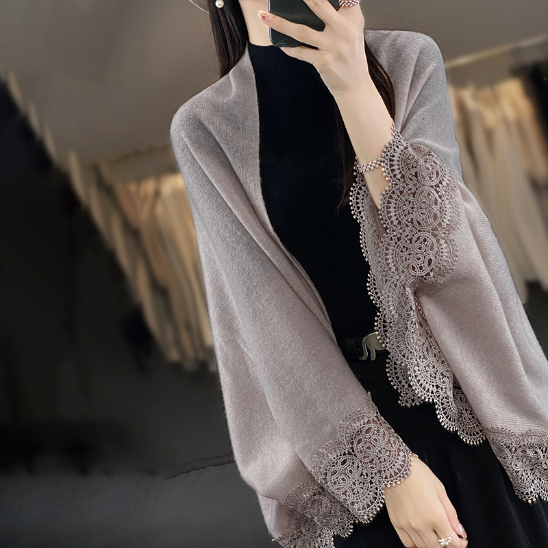 寬鬆中長純色蕾絲邊外搭披肩(4色)