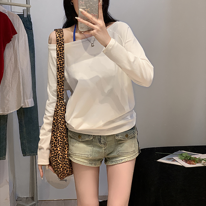 慵懶斜肩一字領長袖T恤(4色)