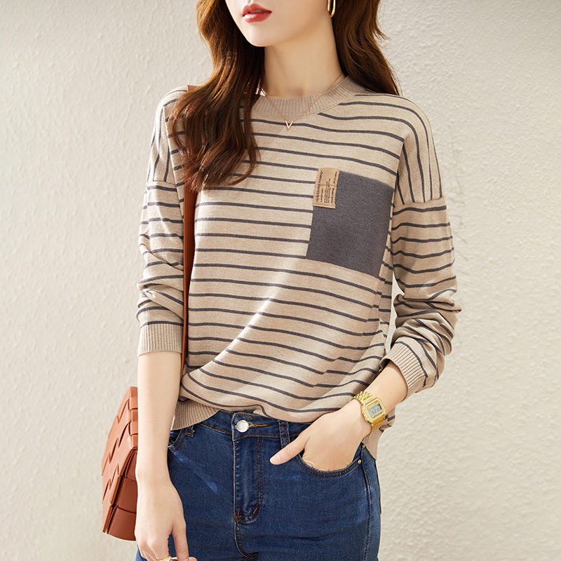 韓系氣質寬鬆百搭低圓領條紋針織衫(4色)