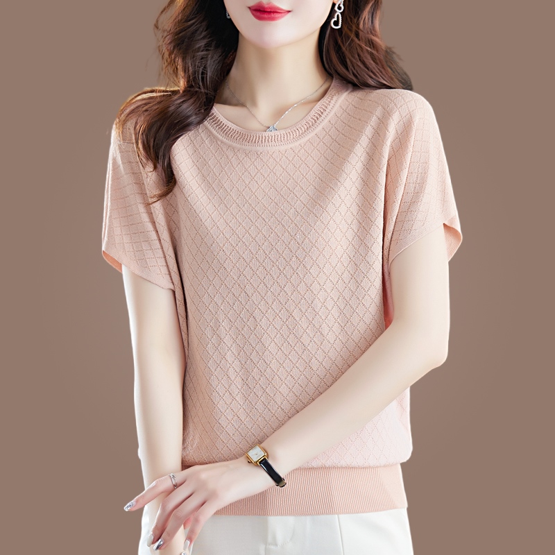 針織鏤空薄款蝙蝠短袖T恤(5色)