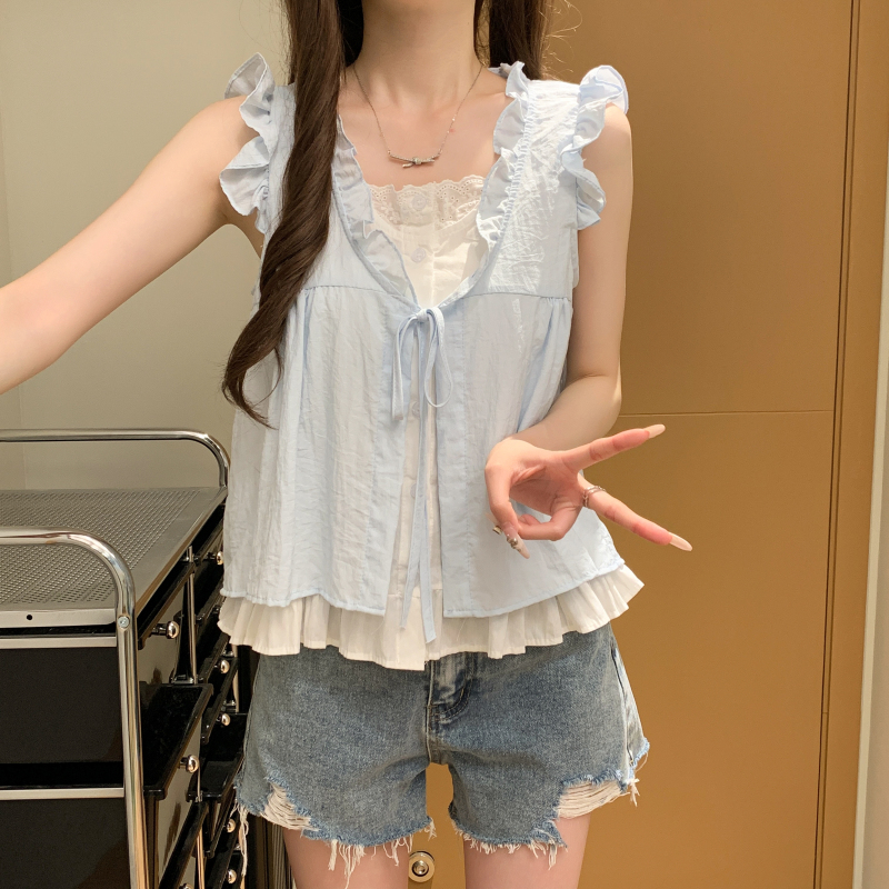 韓系格子木耳邊無袖假兩件襯衫(5色)