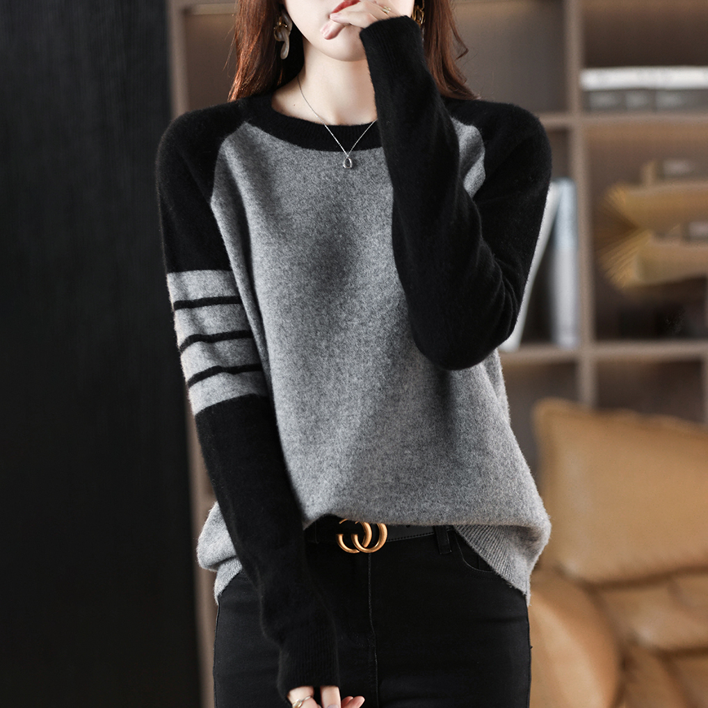 圓領拼色條紋撞色袖寬鬆針織衫(5色)