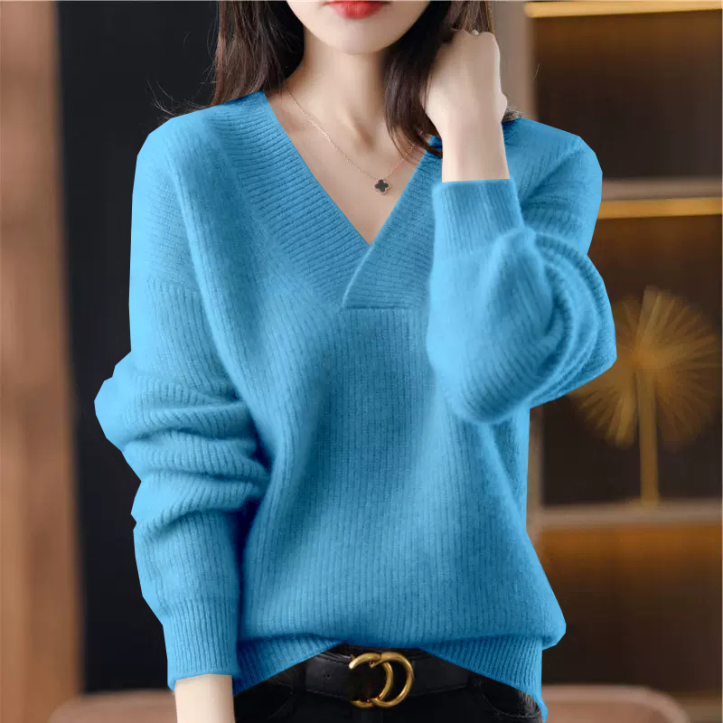 復古寬鬆純色V領針織抽條毛衣(10色)