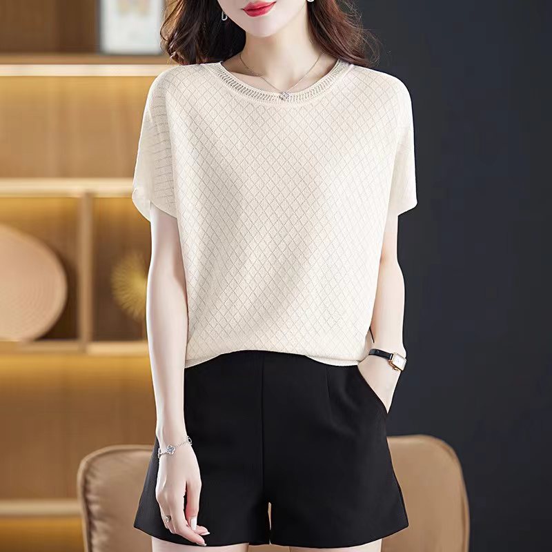 針織鏤空薄款蝙蝠短袖T恤(5色)