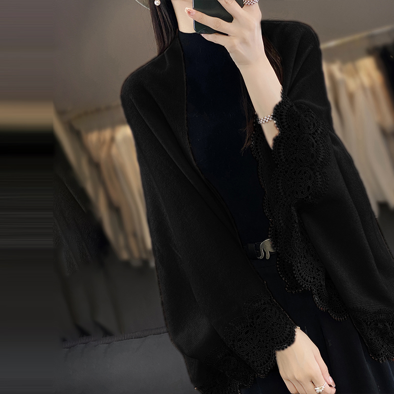 寬鬆中長純色蕾絲邊外搭披肩(4色)