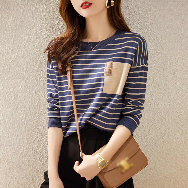 韓系氣質寬鬆百搭低圓領條紋針織衫(4色)
