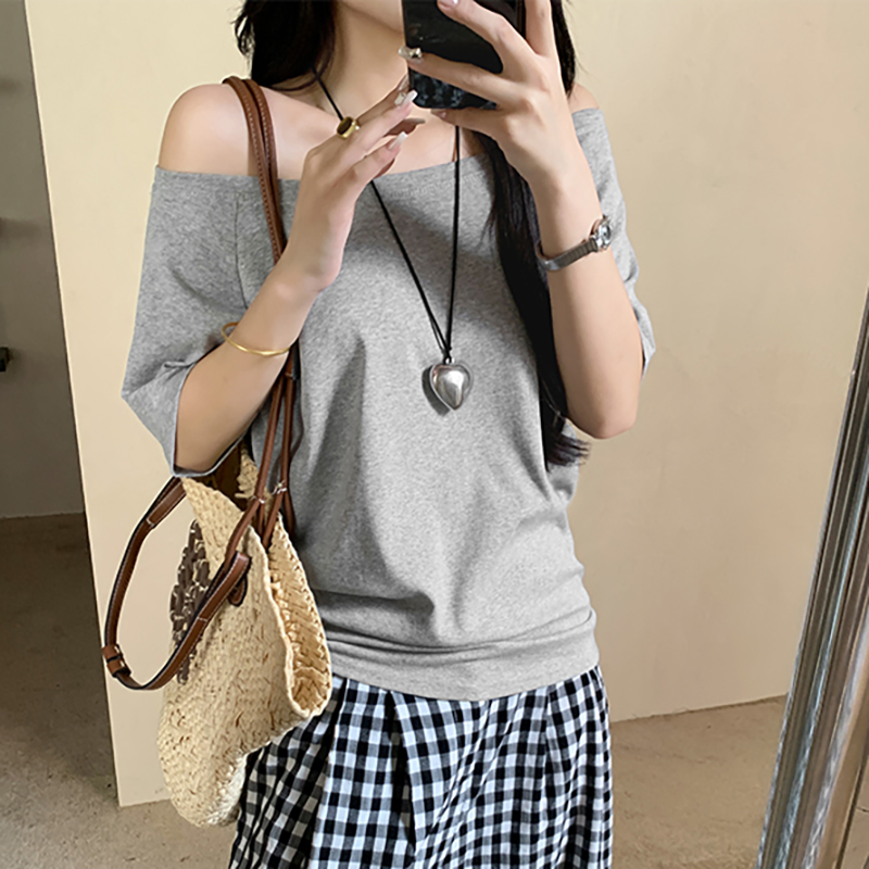 優雅一字領斜露肩短袖T恤(6色)