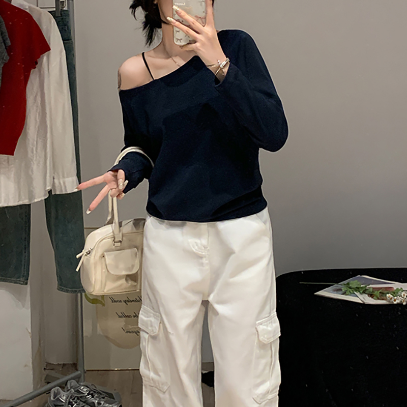 慵懶斜肩一字領長袖T恤(4色)