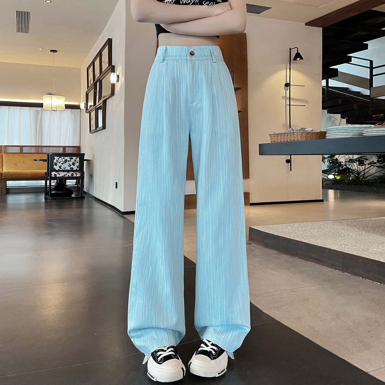 高腰條紋肌理感直筒休閒褲(3色)