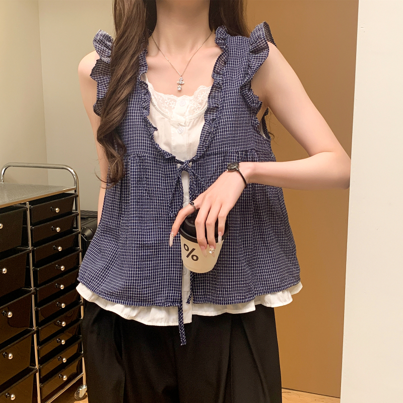 韓系格子木耳邊無袖假兩件襯衫(5色)
