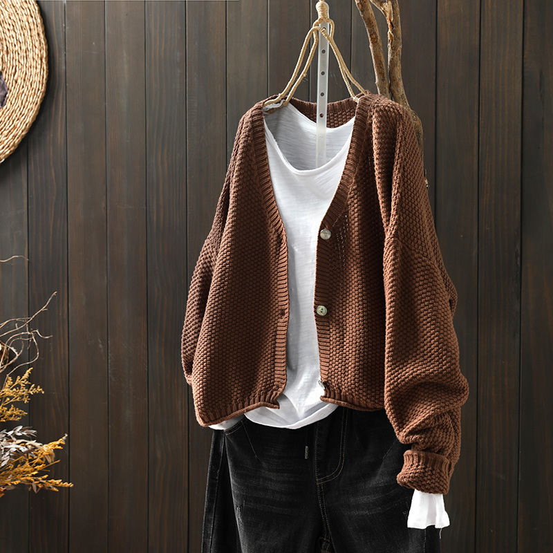 文藝復古V領寬鬆前短後長針織開襟衫外套(8色)