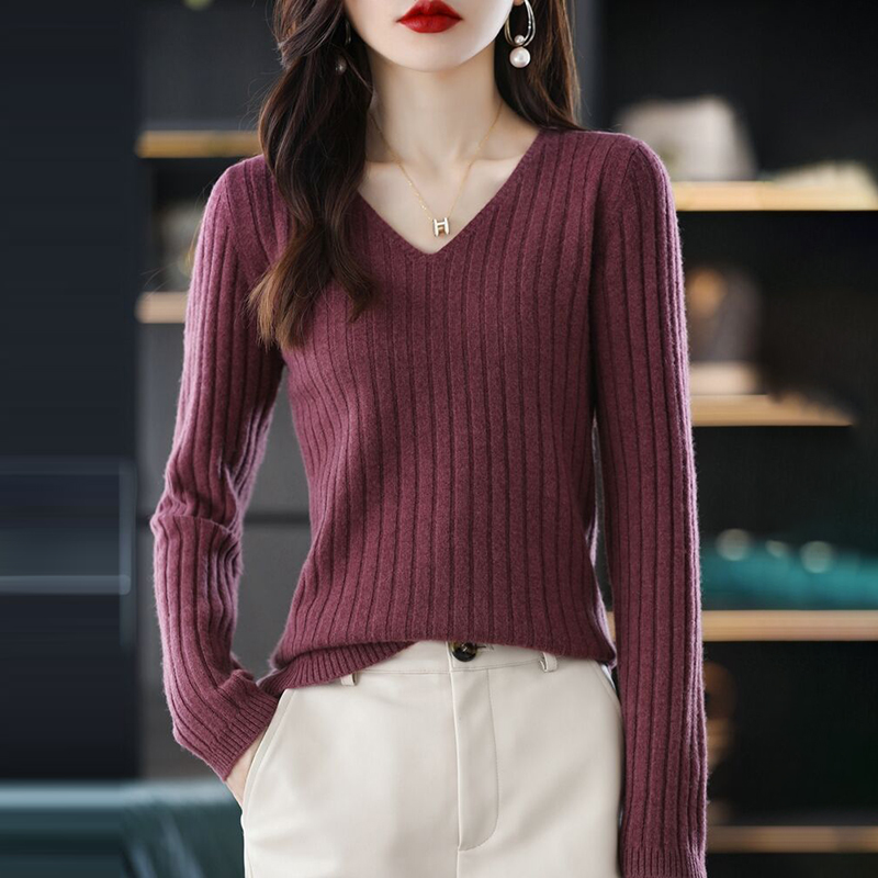 百搭v領豎條肌理長袖針織衫(10色)