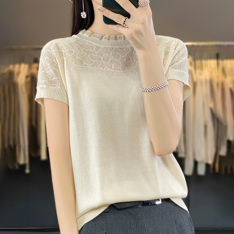 洋氣百搭拼接荷葉領鏤空短袖(6色)