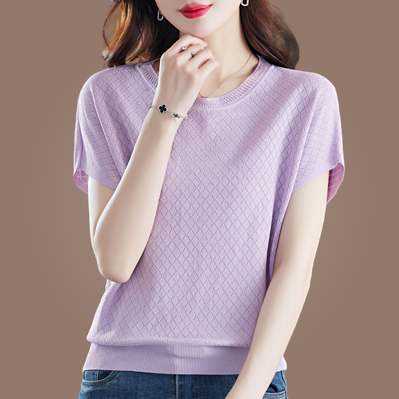 針織鏤空薄款蝙蝠短袖T恤(5色)