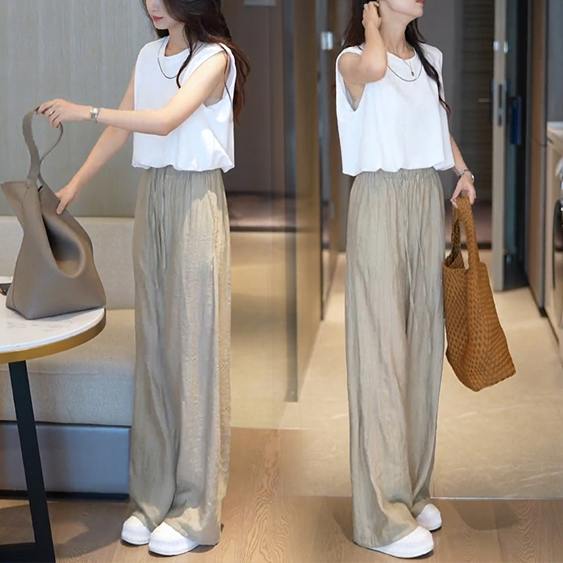 百搭無袖圓領T卹冰絲闊腿褲套裝(2色)