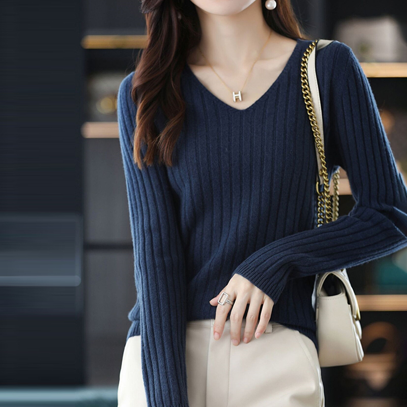 百搭v領豎條肌理長袖針織衫(10色)