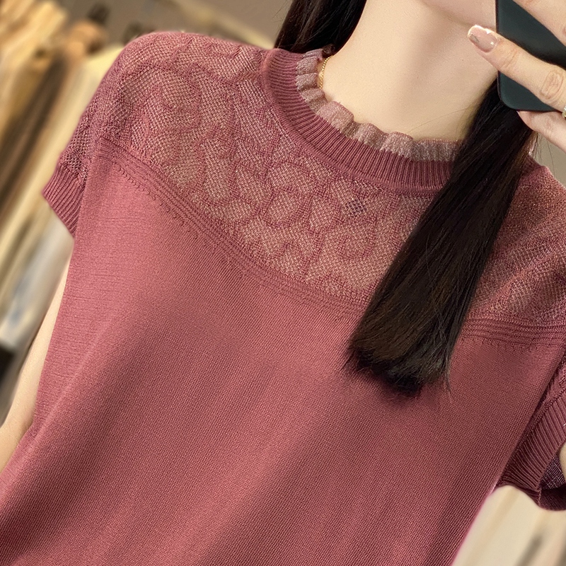 洋氣百搭拼接荷葉領鏤空短袖(6色)