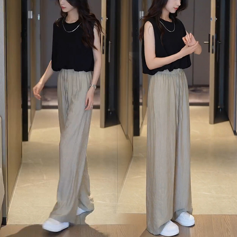 百搭無袖圓領T卹冰絲闊腿褲套裝(2色)