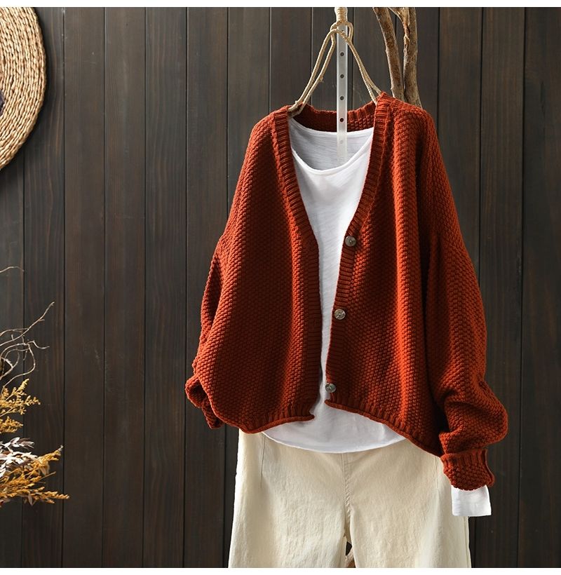 文藝復古V領寬鬆前短後長針織開襟衫外套(8色)