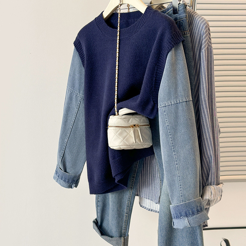 圓領拼接牛仔袖假兩件針織衫(3色)