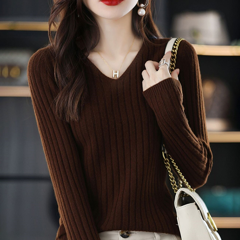 百搭v領豎條肌理長袖針織衫(10色)
