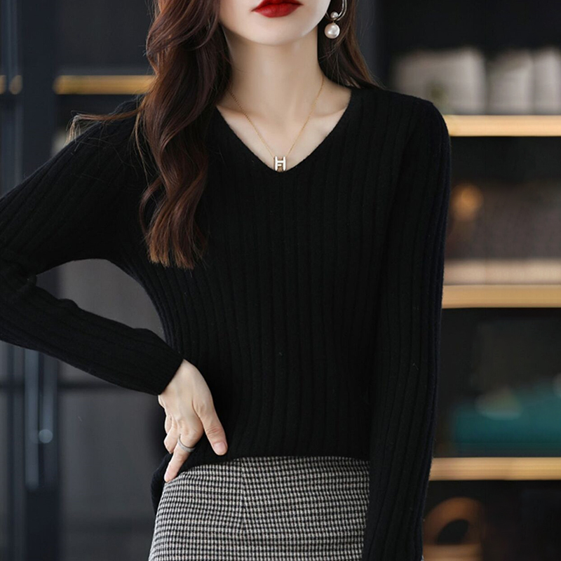 百搭v領豎條肌理長袖針織衫(10色)