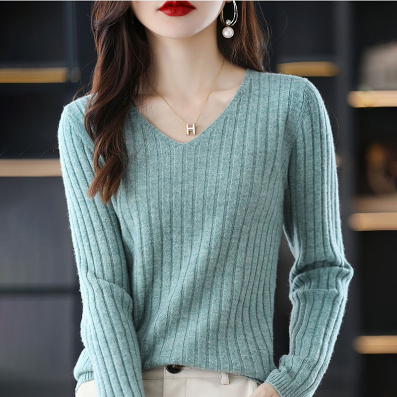 百搭v領豎條肌理長袖針織衫(10色)