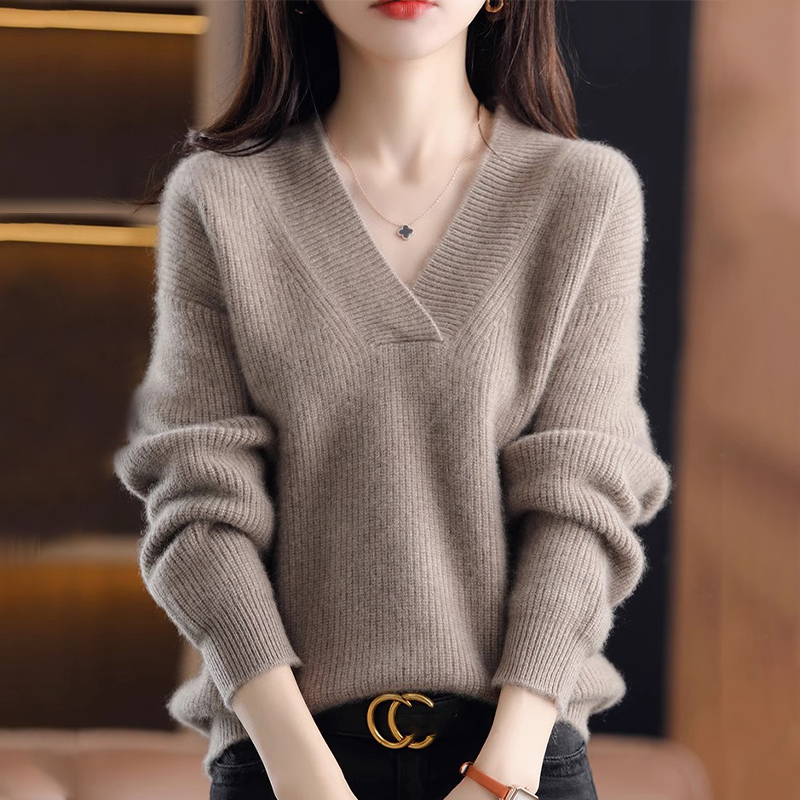 復古寬鬆純色V領針織抽條毛衣(10色)