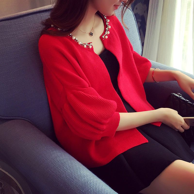 新款釘珠純色外套 / 中長針織無袖連身裙兩件套(2色)