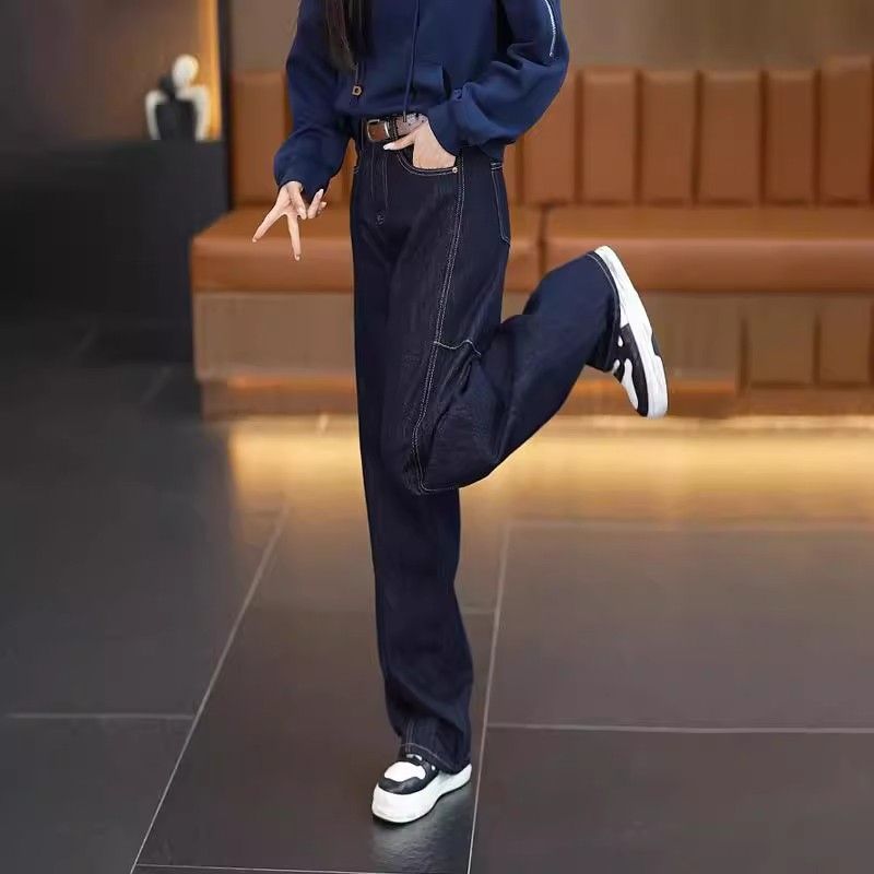 休閒修飾腿型顯瘦遮肉彎刀闊腿牛仔褲