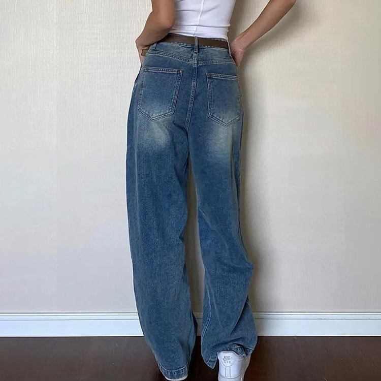 復古寬鬆顯瘦百搭高腰直筒闊腿牛仔褲