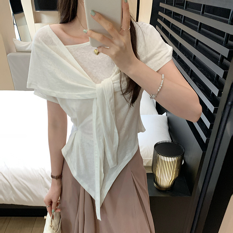 收腰顯瘦斜肩慵懶披肩短袖上衣兩件套裝(2色)