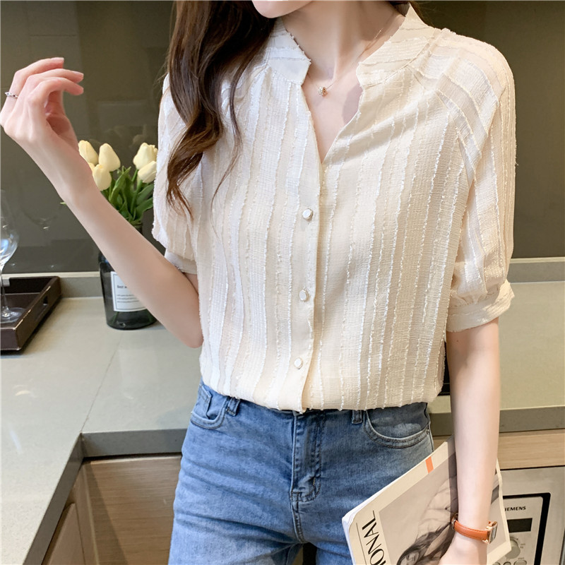 韓系肌理感V領短袖襯衫(2色)